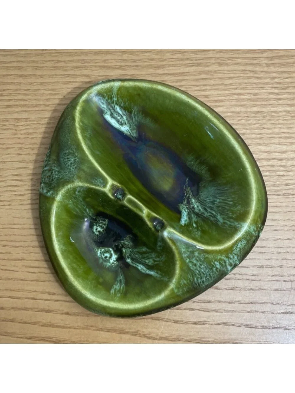 Vtg Marcia Of CA USA Avocado Green Brown Drip Ceramic Ashtray W105 Mid Century